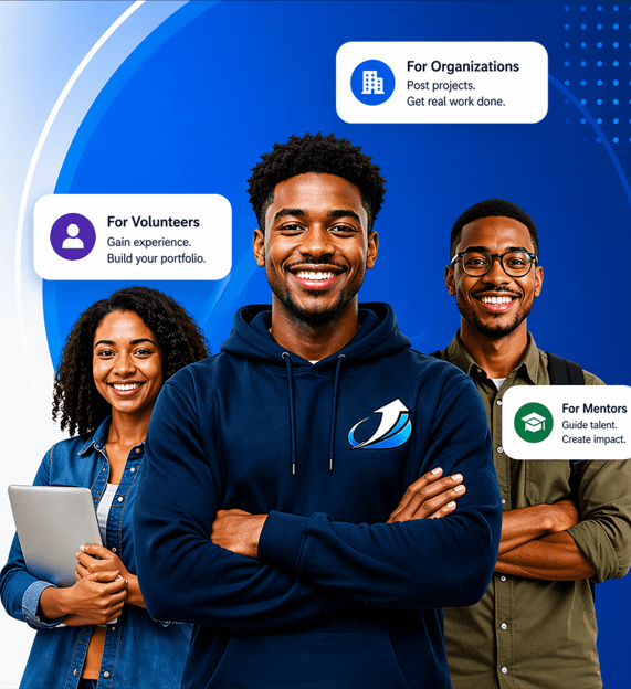 BuildUp hero visual showing volunteers, mentors, and organizations